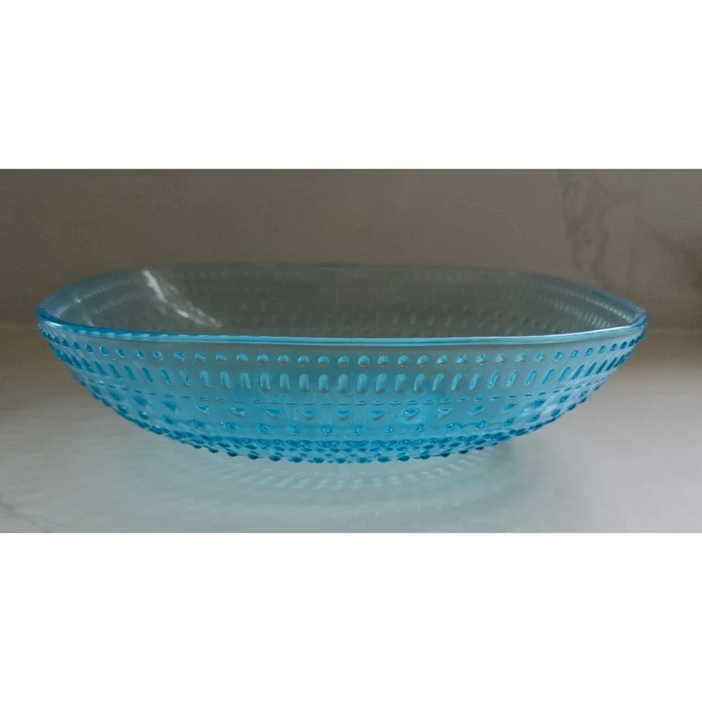 Light Blue Pressed Glass Square‎ Serving Bowl Hobnail Geometric Textured Dish